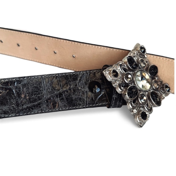 Leatherock Black Crackle Leather Belt Square Crystal Buckle main image 6